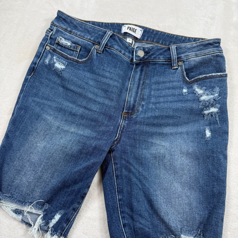 PAIGE Distressed Denim Shorts Medium Wash Frayed Raw Hem Women's Size 31